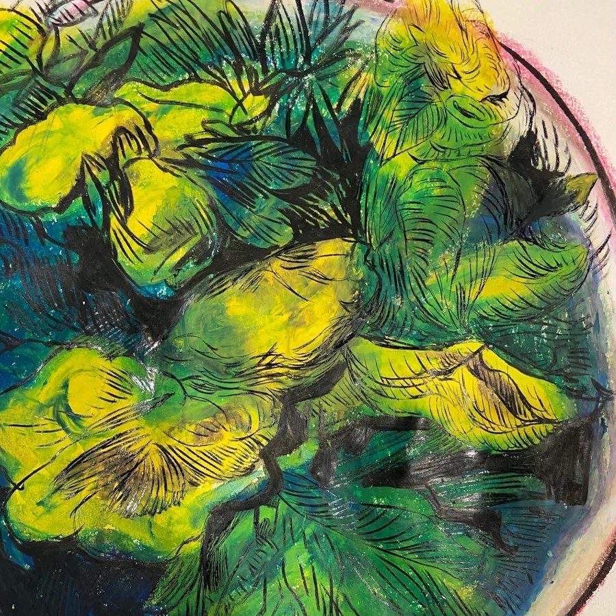 Mixed media illustration — yellow flowers, ink and pastel