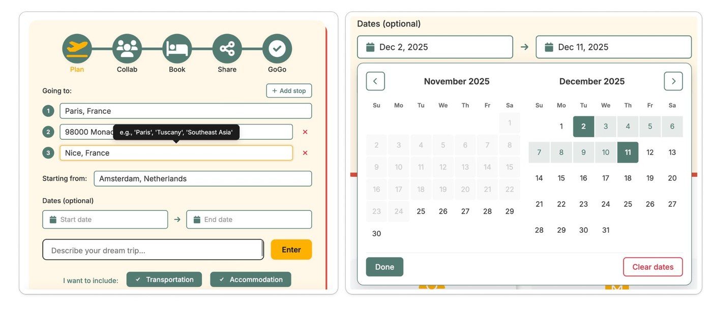 TripGoGo updated UI — trip planner form and date picker resulting from UX audit