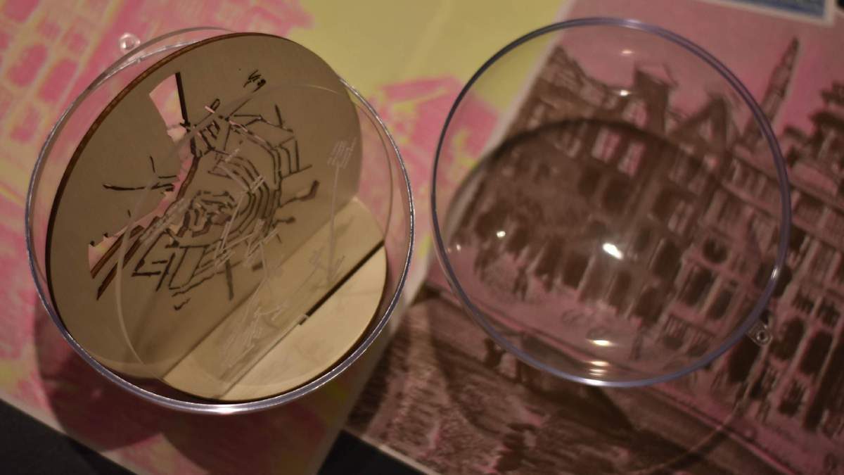 Overhead view — looking through sphere at Amsterdam map
