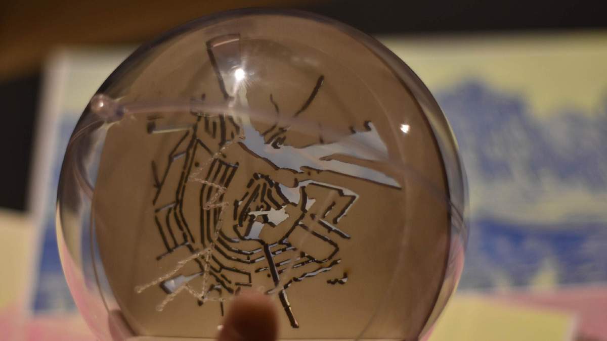 Laser-etched glass disc — memory network constellation