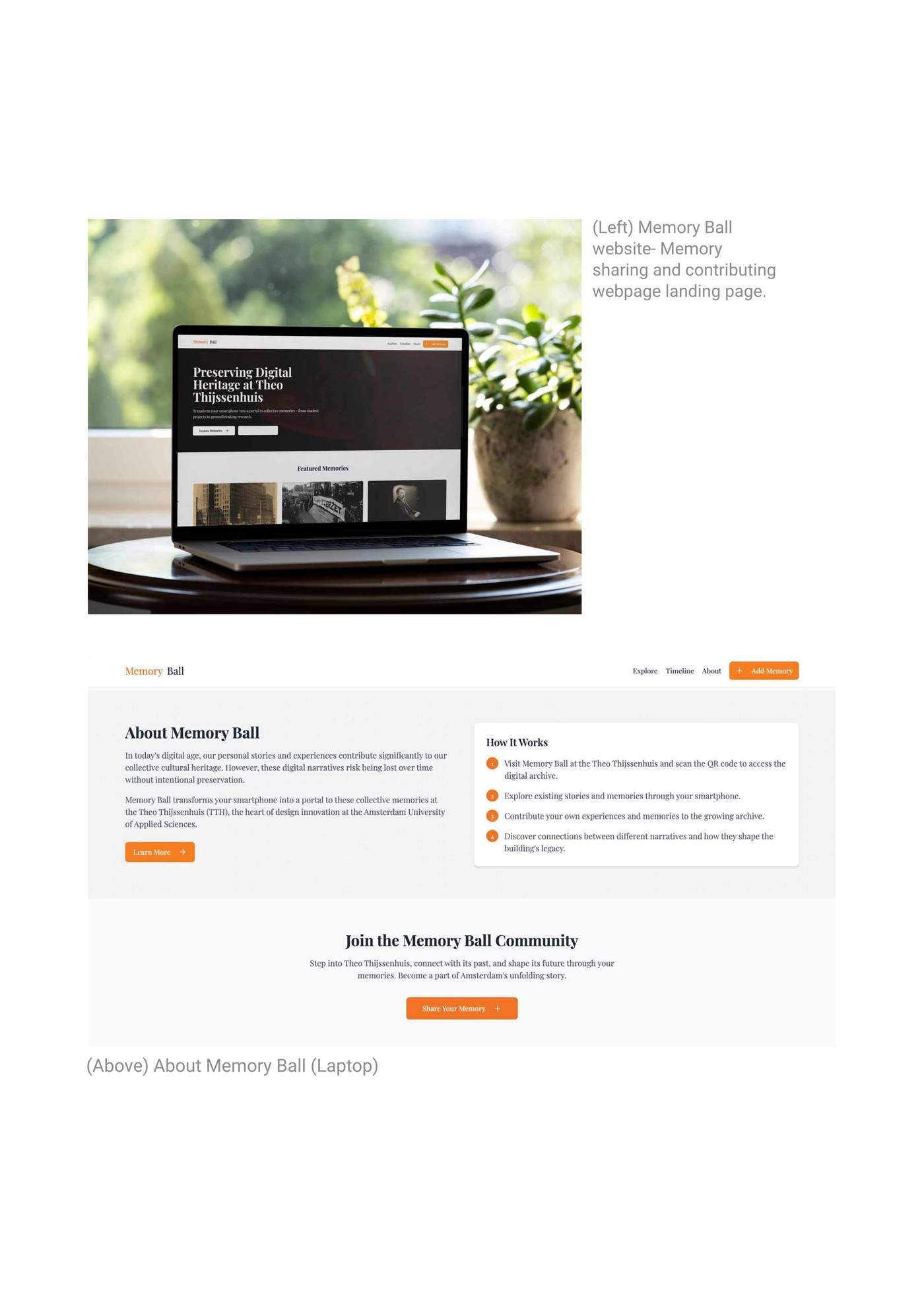 Memory Ball website on laptop — homepage and About page