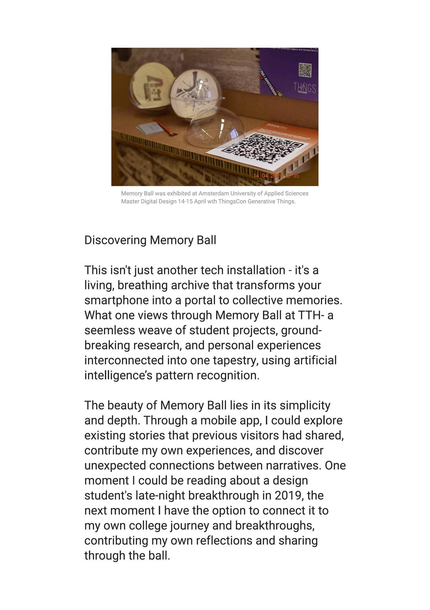 Memory Ball installed at ThingsCon — sphere on display with QR code pedestal
