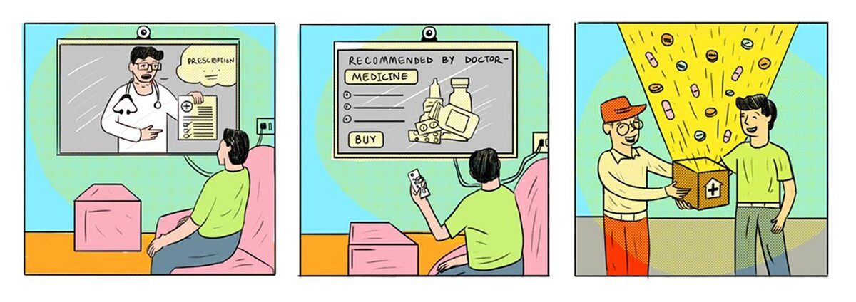 Colourful 3-frame storyboard for TV app — doctor, recommendation, delivery