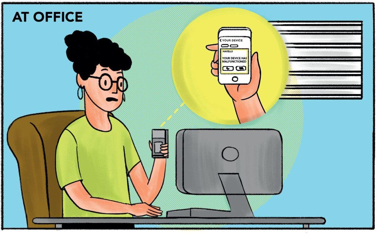 At office persona storyboard frame — user receives device alert